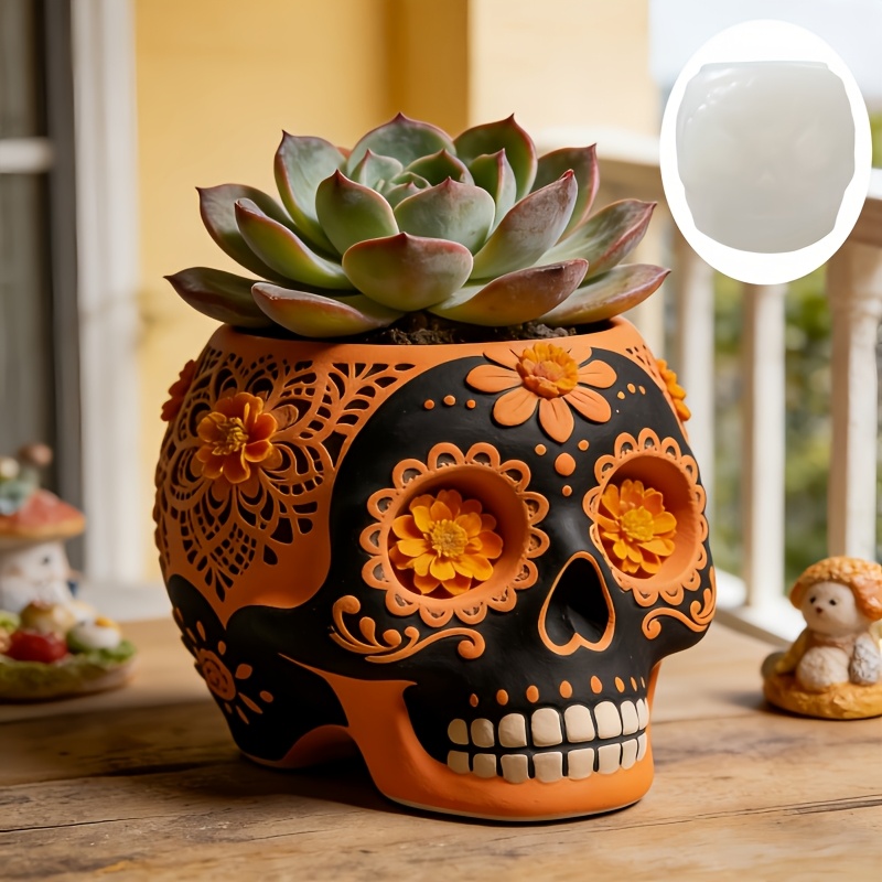 Ceramic Candle Vessel - Flower relief skull succulent plant flowerpot